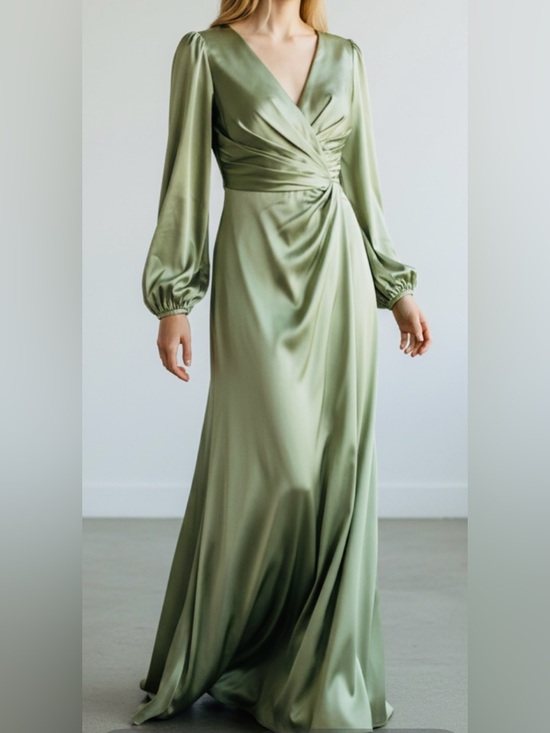 Dresses & Skirts - NWT- SATIN SAGE GREEN Long Sleeve Wrap Maxi Dress